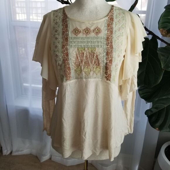 Free People urban outfitters Beige Embroidered Top Small - Picture 2 of 13